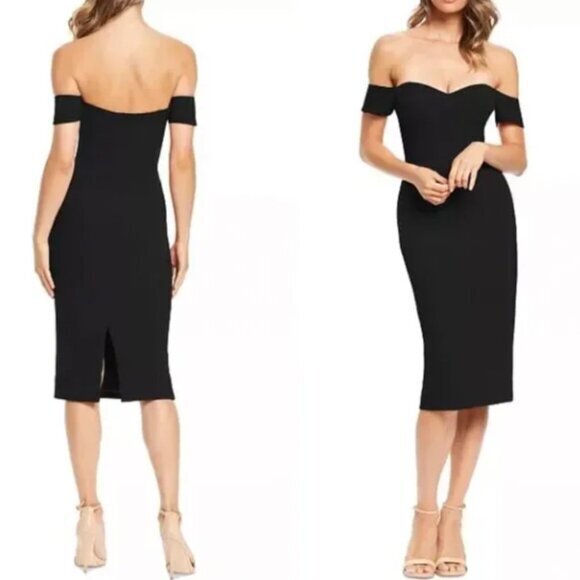Dress the Population Women Dress Size M Bailey Off The Shoulder Bodycon Midi LBD - Picture 1 of 13